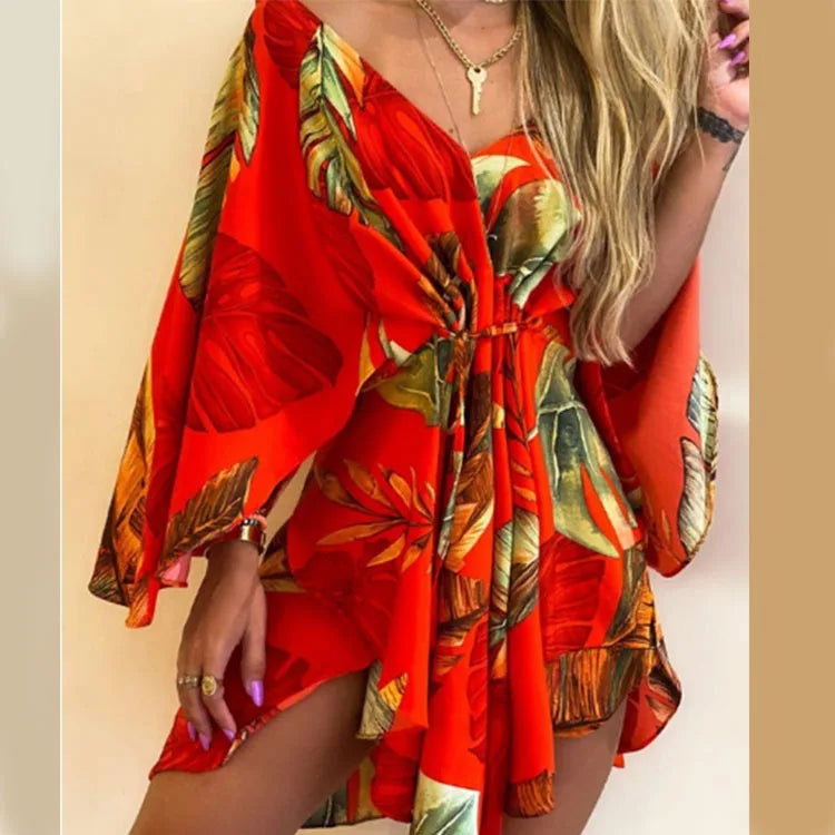 Women Print Dress - V-Neck Mini Sundress With Batwing Sleeve & Ruffle Detail