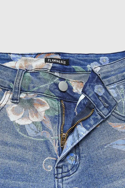 New for 2026: Women's Blue High-waisted Stretch Jeans, Vintage-style Loose-fit Wide-leg Denim Pants with A Floral Print.