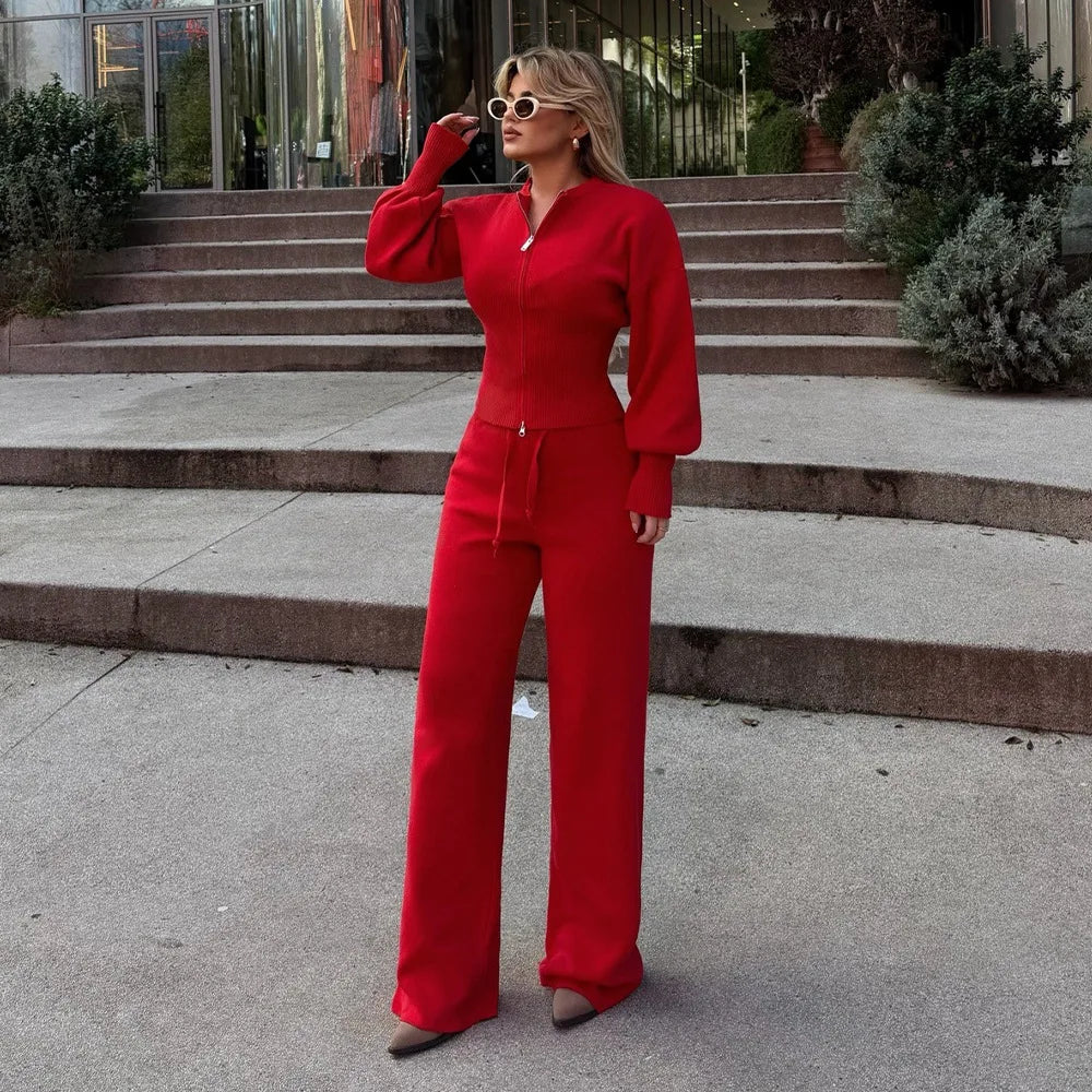 Bornladies 2026 Spring  New Knitted Wo-piece Set Zipper Top High-waisted Elastic Waist Straight Pants Set Mininalist Casual Suit
