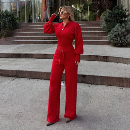 Bornladies 2026 Spring  New Knitted Wo-piece Set Zipper Top High-waisted Elastic Waist Straight Pants Set Mininalist Casual Suit