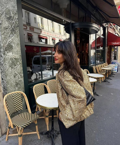Suninheart Women's Sequined Bomber Jacket Fall O Neck Long Sleeve Gold Sequins Jacket Coat Female Glitter Chic Outerwear