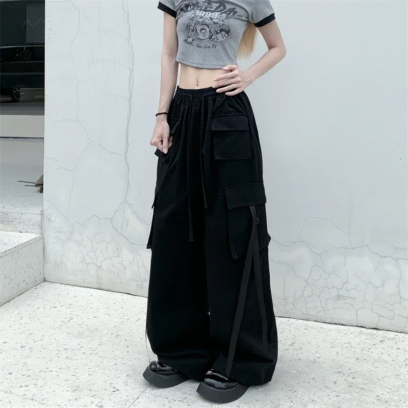 High Quality 2025 Cotton High Street Cargo Pants for Women Men with Ribbon High Waist Wide Leg Hip-hop Cool Dances Pants Ladies