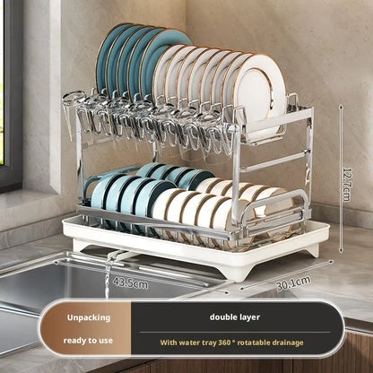 Dish Drying Rack - 2 Tier Stainless Steel Over Sink Shelf with Utensil Holder