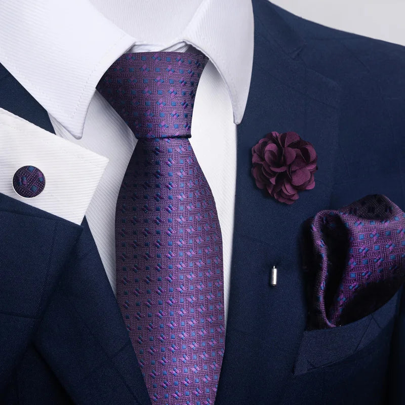 Luxury Mens Floral Black Gold Tie Set - Paisley Necktie Pocket Square Cufflinks  Brooch for Weddings and Parties