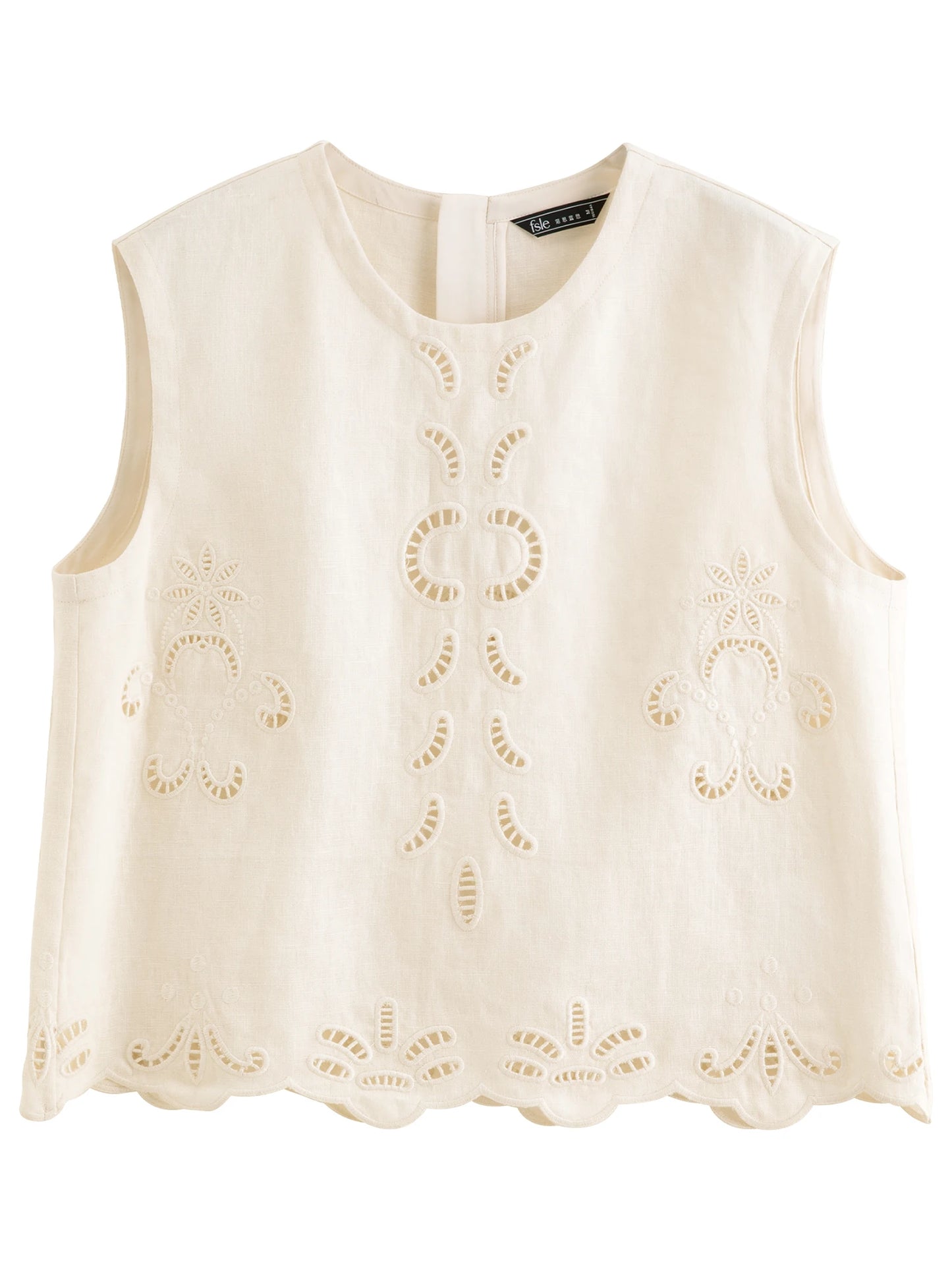FSLE【Premium Series】Summer Women Linen Two Piece Set Cut-Out Embroidered Sleeveless Top Midi Skirt Boho Beach Vacation Style