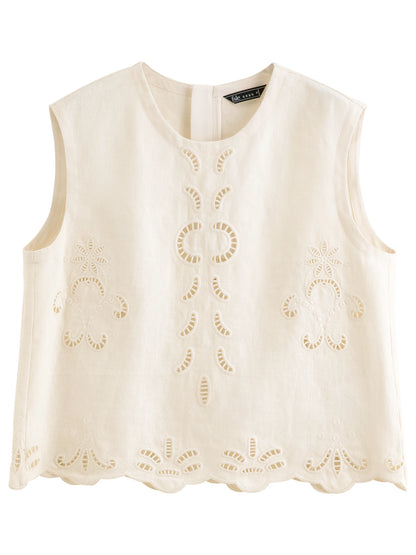 FSLE【Premium Series】Summer Women Linen Two Piece Set Cut-Out Embroidered Sleeveless Top Midi Skirt Boho Beach Vacation Style