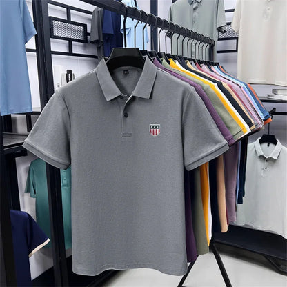 Men's Summer Luxury 100% Cotton Polo Shirt, Lapel Print Short Sleeve T-shirt, Breathable Business Casual Menswear