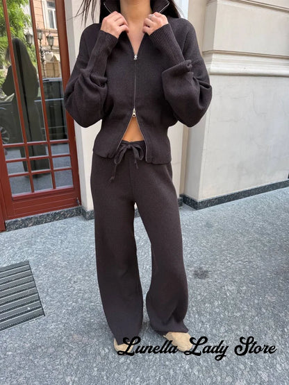 Solid Color Zipper Waist Cinching Casual Set Knitted Top Drawstring Straight Leg Pants 2-piece Sets 2026 Autumn Lady Daily Wear