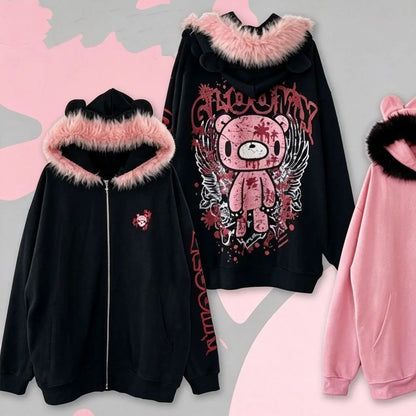 Gothic Kawaii Jirai Kei Women Distressed Gloomy Bear Print Pink Furry Trim Bear Ear Oversized Zip Hoodie Harajuku Casual Outfit