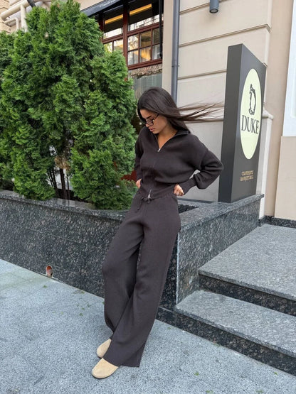 Solid Color Zipper Waist Cinching Casual Set Knitted Top Drawstring Straight Leg Pants 2-piece Sets 2026 Autumn Lady Daily Wear