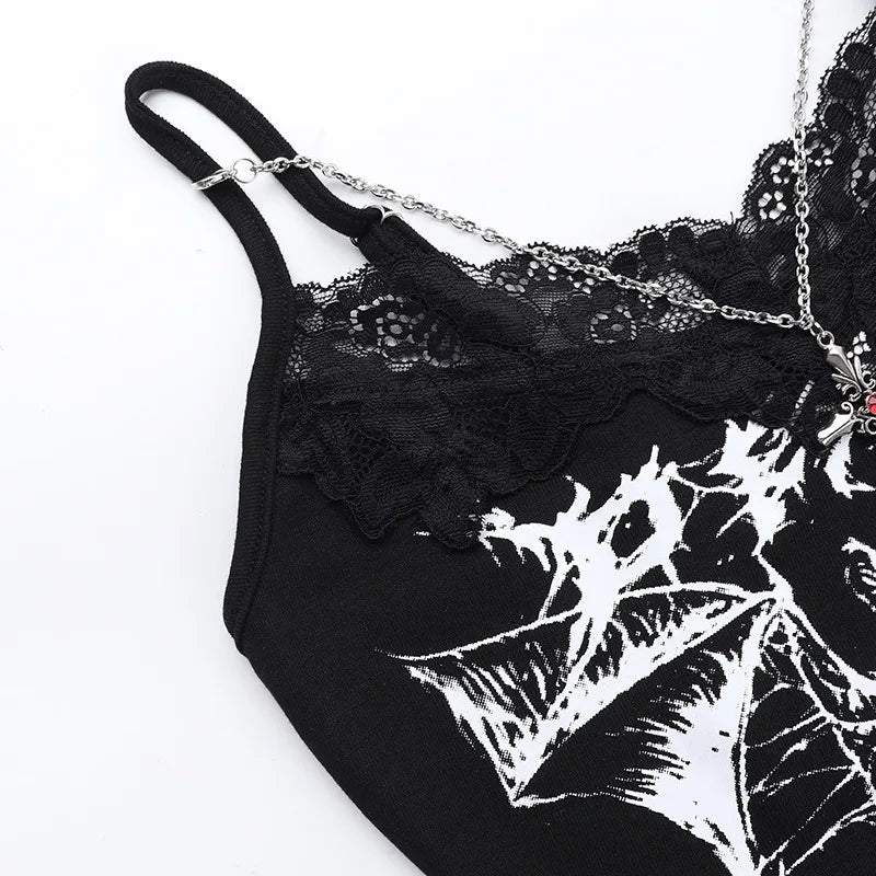 AltGoth Gothic Punk Camis Women Streetwear Harajuku Y2k Grunge Graphic Bat Printed Lace Patchwork Crop Tank Top with Chain Femme