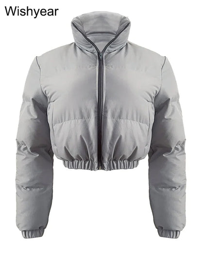 Winter Thick Warm Cotton Down Jacket Women Clothing Gray Zipper Short Puffer Parkas Coats Outwear Female  Crop Tops Streetwear