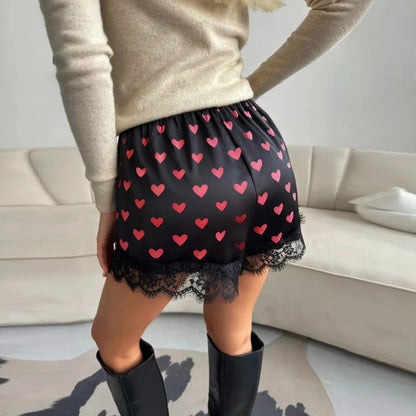 Women's Satin Sleep Shorts – Heart-Print Lace Lounge Shorts
