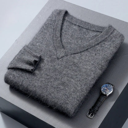 Men's 100% Pure Mink Cashmere Sweater V-neck Pullover Knit Bottoming Shirt Autumn And Winter New Long-Sleeve High-End Mink Tops