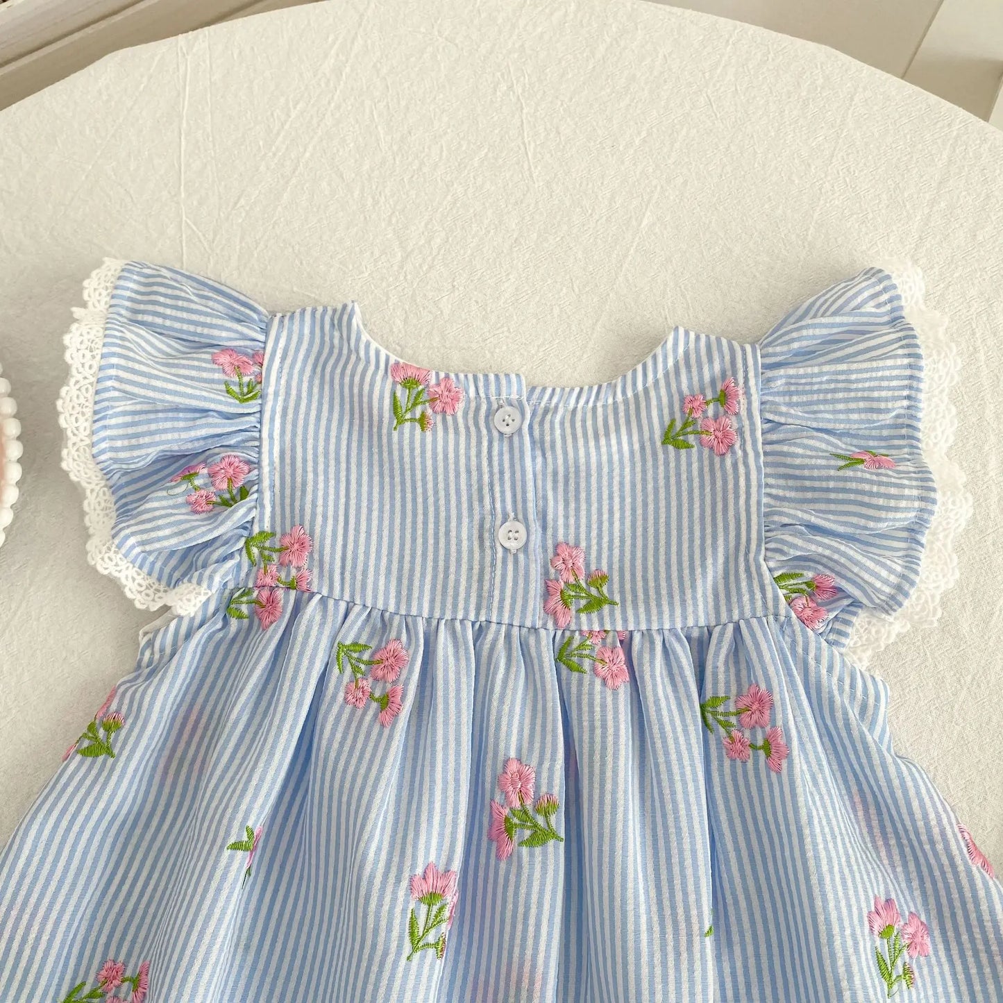 2026 New Summer 2-6Yrs Princess Round Neck Dress Striped Baby Girl Dress Flying Sleeve Cotton Embroidery Blue Sweet Dress