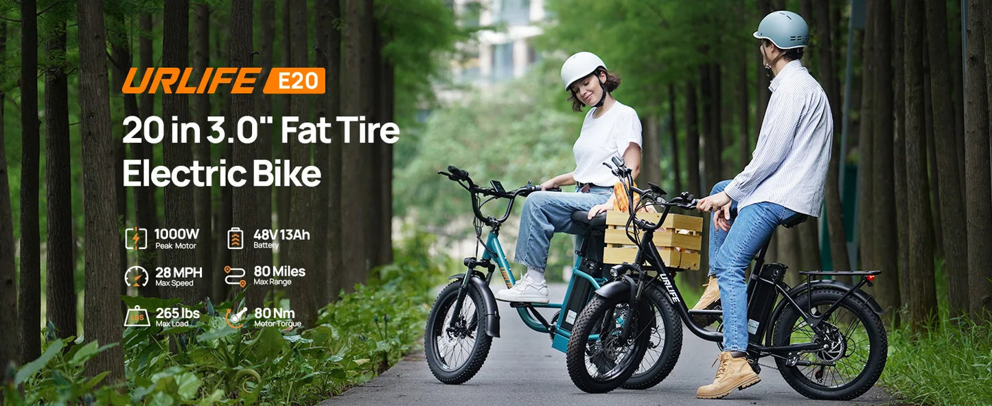 URLIFE 1000W E20 Electric Bike | 48V 13Ah Removable Battery, 28MPH, 20''X3" Fat Tire, 7-Speed E-Bike with Dual Disc Brake