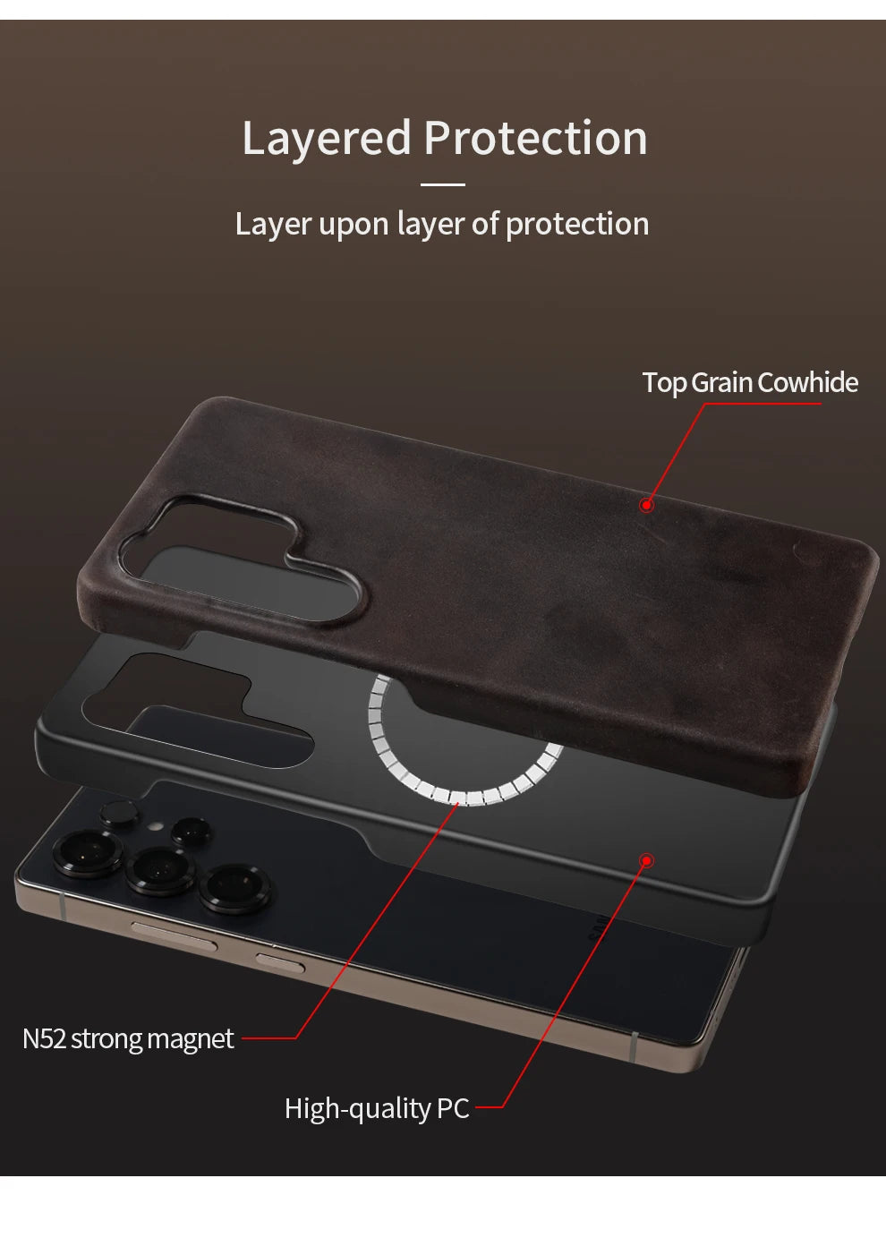 Samsung Leather Phone Case – Genuine Cowhide Magnetic Phone Cover for S24 S25 Ultra