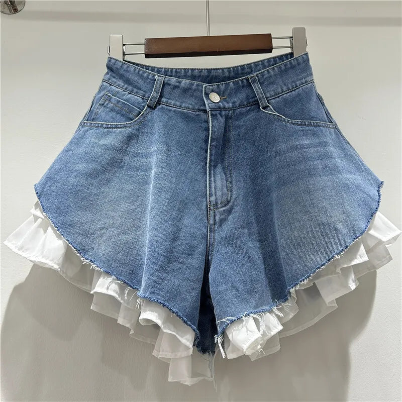 WTHT New Fashion Women's Patchwork Hem Wash Denim Shorts 2025 Summer Trendy High Waist A-line Short Pants Female 1LS1393