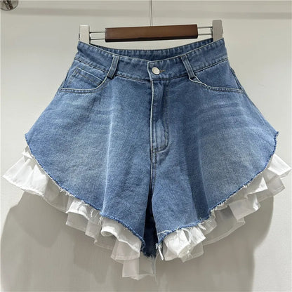 WTHT New Fashion Women's Patchwork Hem Wash Denim Shorts 2025 Summer Trendy High Waist A-line Short Pants Female 1LS1393