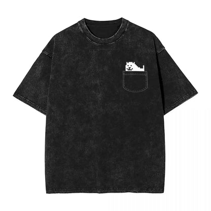 Washed Cartoon T Shirts Undertale Dog Pocket Graphic T-Shirts Cotton Loose Streetwear Short Sleeve Tee Shirt Men Women Clothing