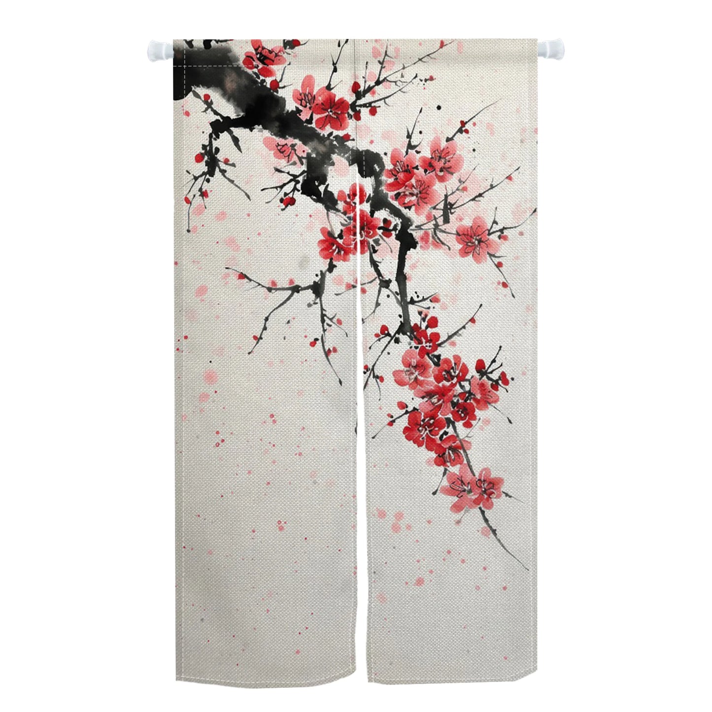 Japanese Door Curtain - Cherry Blossom Curtain With Kanagawa Wave Design | Linen Door Panel