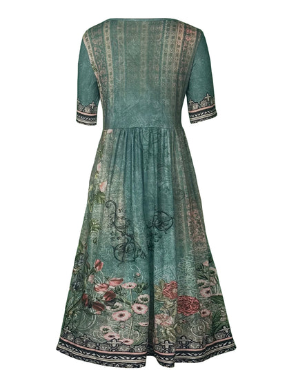 2025 summer new women's Bohemia loose fashion print round neck short sleeve long dress