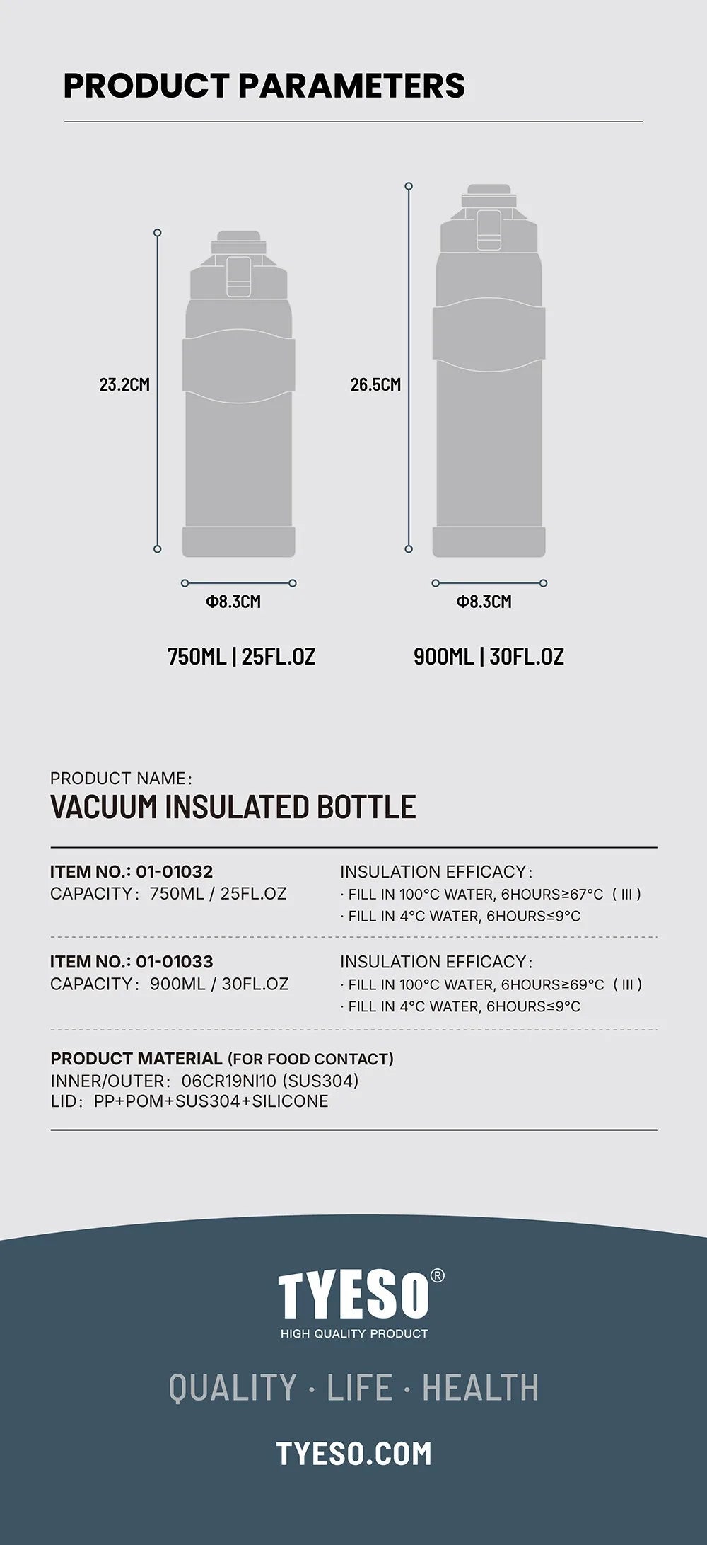 TYESO Vacuum Insulated Bottle 304 Stainless Steel Portable Sports Water Bottle with Straw for Travel Cycling& Outdoor Activities