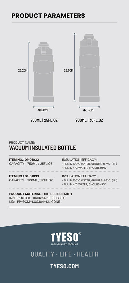 TYESO Vacuum Insulated Bottle 304 Stainless Steel Portable Sports Water Bottle with Straw for Travel Cycling& Outdoor Activities