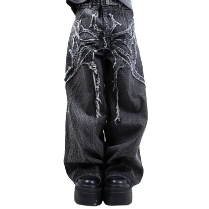 Y2K Retro Oversized Baggy Unisex Mopping Pants Phantom Jeans Men High Street Spider Embroidered Patch Hip Hop Streetwear Gothic