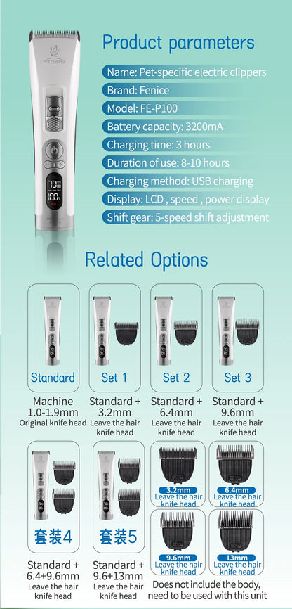 Fenice Electrical Pet Clipper Machine Dog Hair Clippers Grooming Animals Haircut Trimmer Shaver Set Pets Cordless Rechargeable