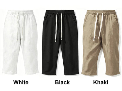 Summer Men Linen Capri Pants Drawstring Waist Loose Solid Color Casual Trousers For Daily Beach Vacation Outdoor Travel Wear