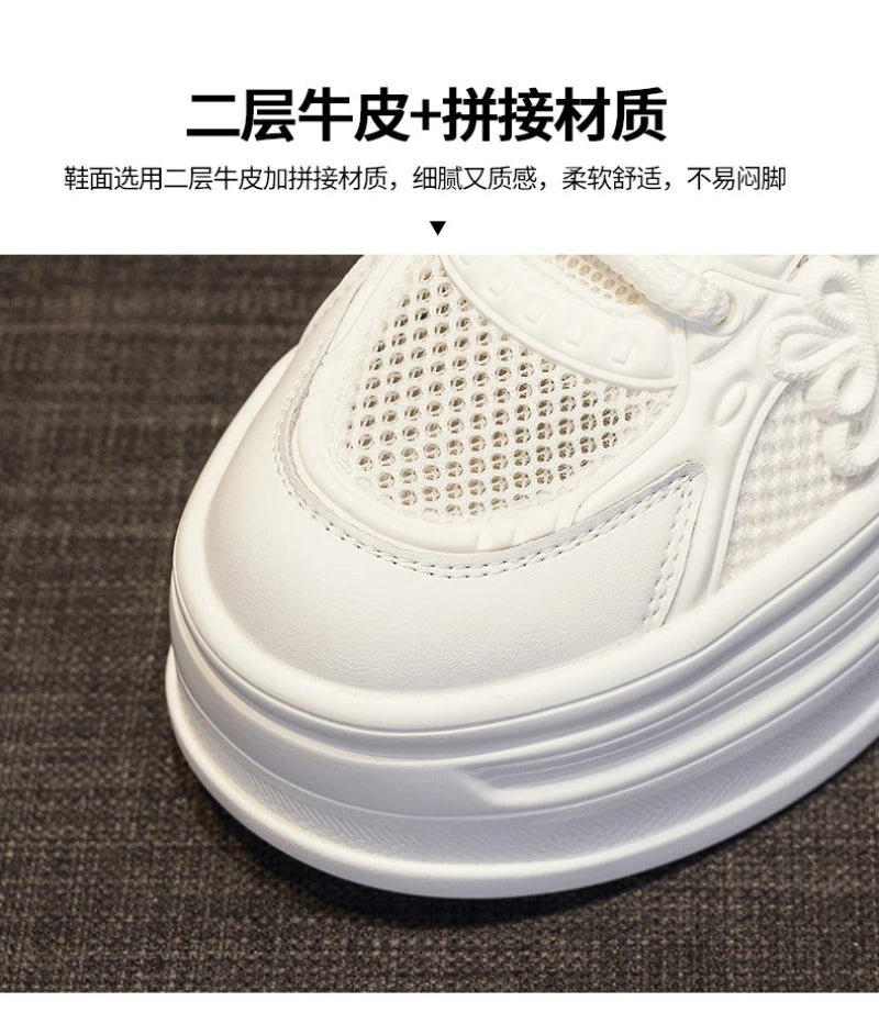 Womens White Mesh Platform Sneakers Breathable Thick Sole Casual Shoes With Flower Embroidery Lightweight Non Slip For Summer Da