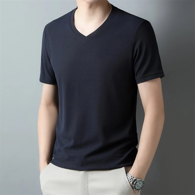 Men's V Neck T-Shirt – Lightweight Summer Shirt With Breathable Waffle Texture