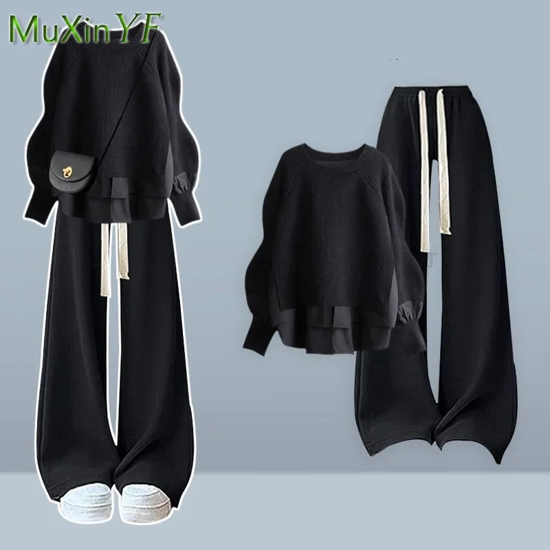 2025 Autumn/Winter New Korean Elegant Fake Two Piece Knit Sweater Top+Casual Pants Suit Women's Fashion Tracksuit Matching Set