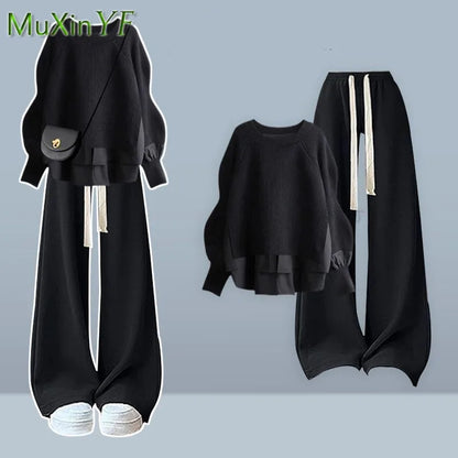 2025 Autumn/Winter New Korean Elegant Fake Two Piece Knit Sweater Top+Casual Pants Suit Women's Fashion Tracksuit Matching Set
