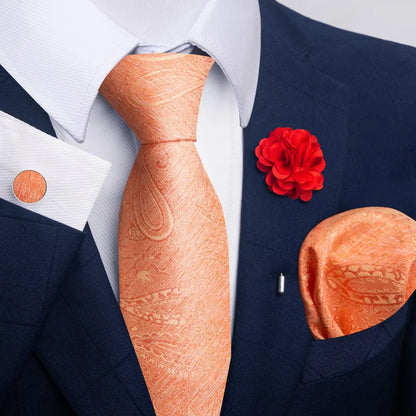 Luxury Mens Floral Black Gold Tie Set - Paisley Necktie Pocket Square Cufflinks  Brooch for Weddings and Parties