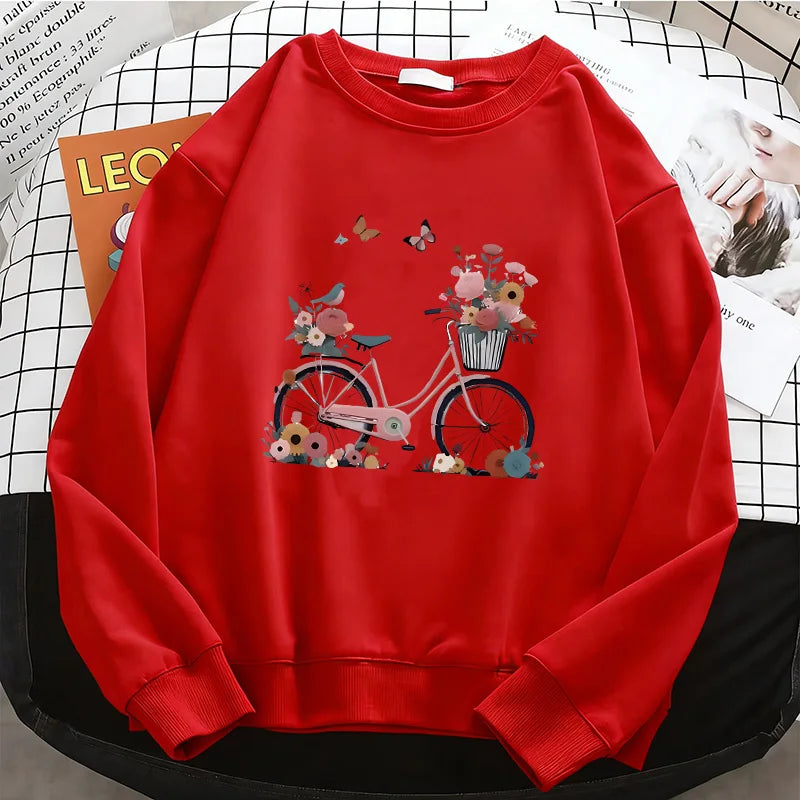 Womens Hoodies Retro Floral Butterfly with Bicycle Print Warm Fleece Sweatshirt Soft O-Neck Pullover Casual Female Clothes
