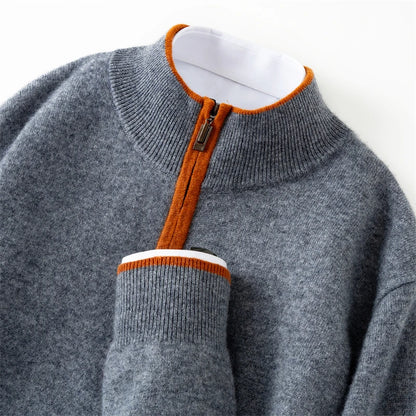 Men's 100% Cashmere Pullover Sweater Autumn/Winter Business Leisure Color Block Knitted Loose Fit Half High Collar Zipper Top
