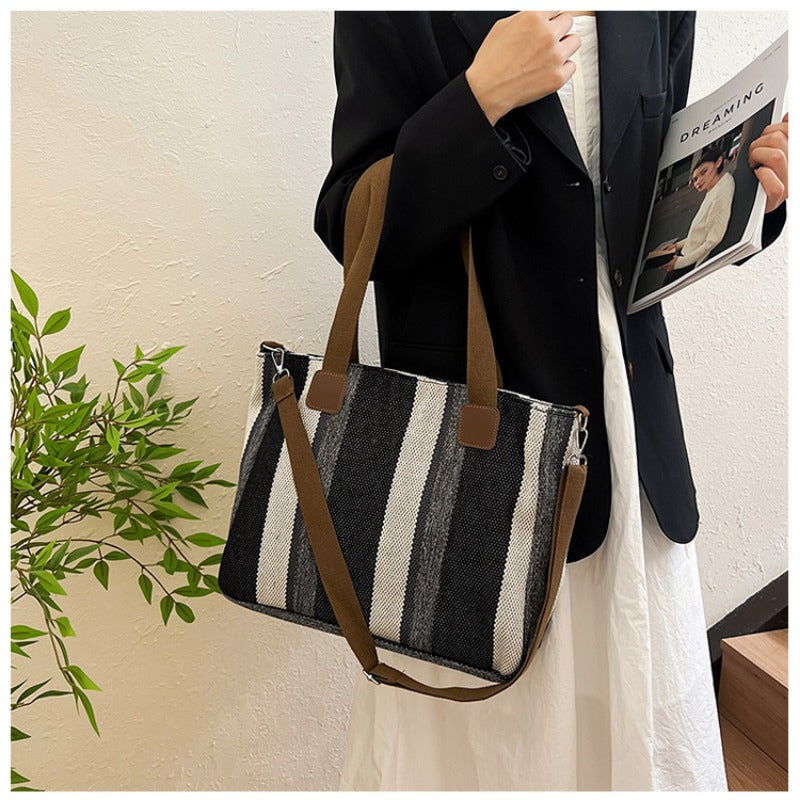 Striped Canvas Tote - Women's Crossbody Shoulder Bag With Zipper Closure, Versatile Daily Use