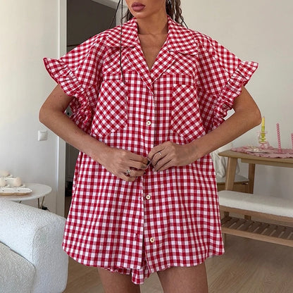 Linad Office Single-Breasted Shirts Elegant Plaid High Waist Shorts With Button Up Shirts 2 Piece Set Street Chic Outfits Summer