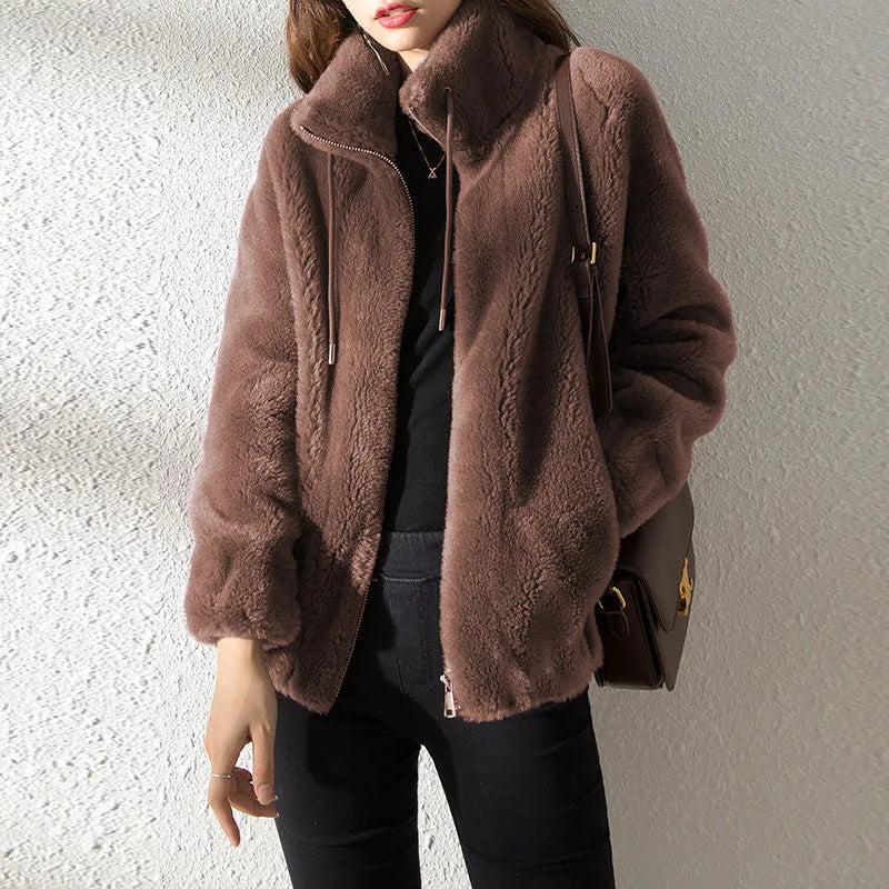 Women Winter Coat - Coral Fleece Jacket With Plush Stand Collar & Zipper Closure