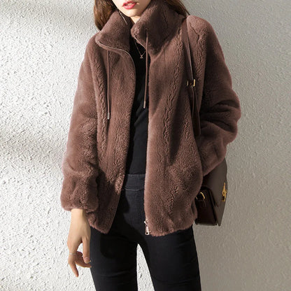 Women Winter Coat - Coral Fleece Jacket With Plush Stand Collar & Zipper Closure