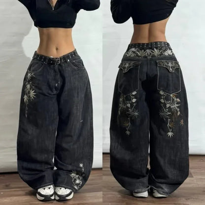 American New Fashion Oversize Pattern Embroidered Baggy Jeans Men Y2K Gothic Harajuku Hip Hop Straight High Waist Wide Leg Pants