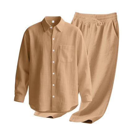 Men's Autumn Loose Trend Linen Solid Color Simple Lapel Long-Sleeved Shirt Beach Trousers Set