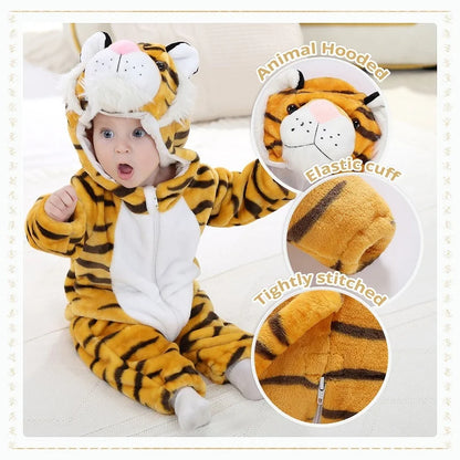 Baby Winter Rompers - Soft Polyester Hooded Jumpsuit With Animal Pattern, Machine Washable