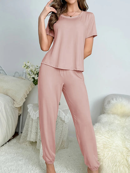 Women's new style pajamas short sleeve trousers elegant casual two-piece solid color home wear