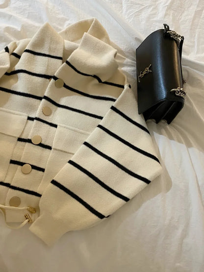 Loose Women's Knitted Cardigan Coat with Big Pockets Striped Splicing Drawstring Hem Single Buttoned Open Front Sweater
