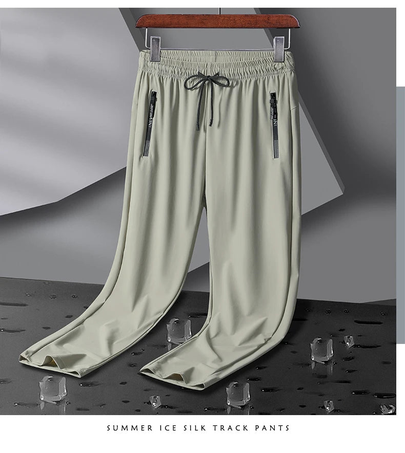 Men's Athletic Stretchy Ice Silk Quick Dry Pants Zipper Pockets Lightweight Sweatpants Outdoor Hiking Breathable Running Workout
