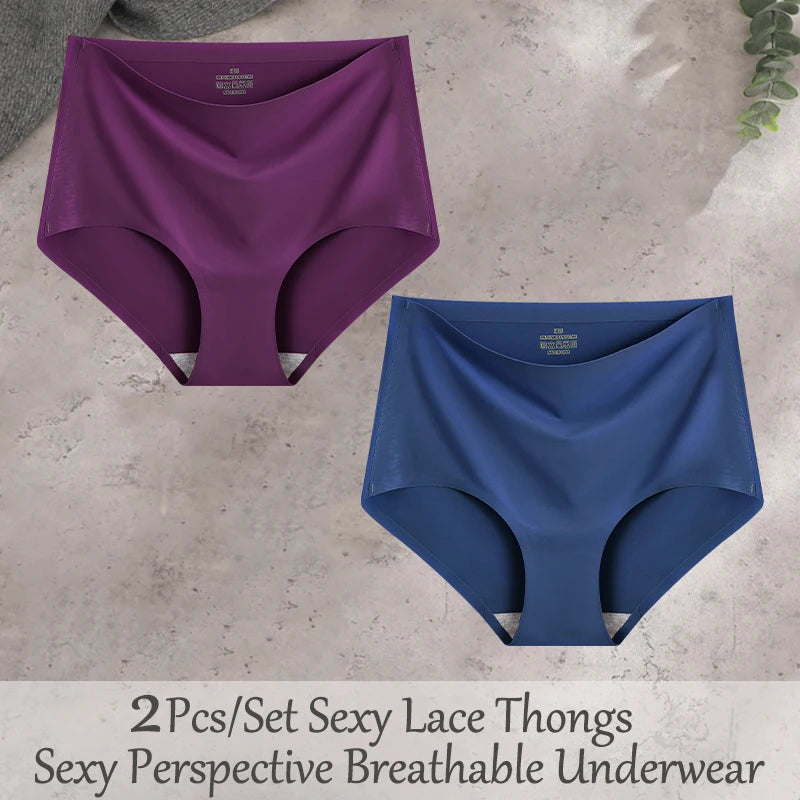 FINETOO 2Pcs/Set Summer Traceless Ice Silk Panties For Women Solid Color High Waist Underpants Female Breathable Sexy Lingerie