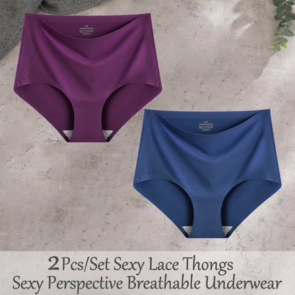 FINETOO 2Pcs/Set Summer Traceless Ice Silk Panties For Women Solid Color High Waist Underpants Female Breathable Sexy Lingerie
